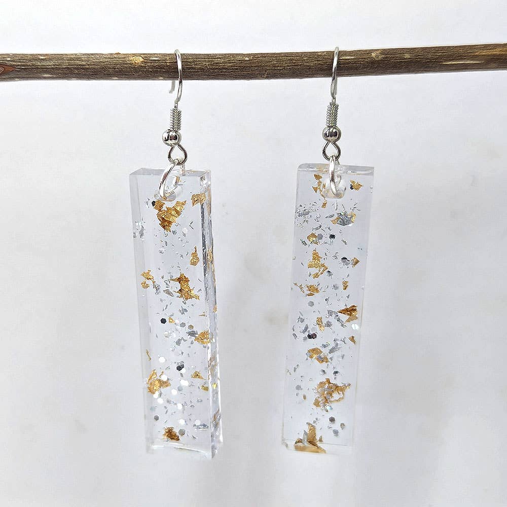 Silver Glitter Gold Leaf Mica Long Rectangle Resin Earrings