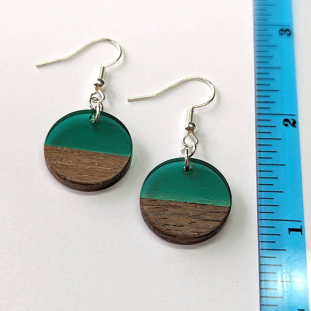 Green Resin Wood Round Circle Earrings