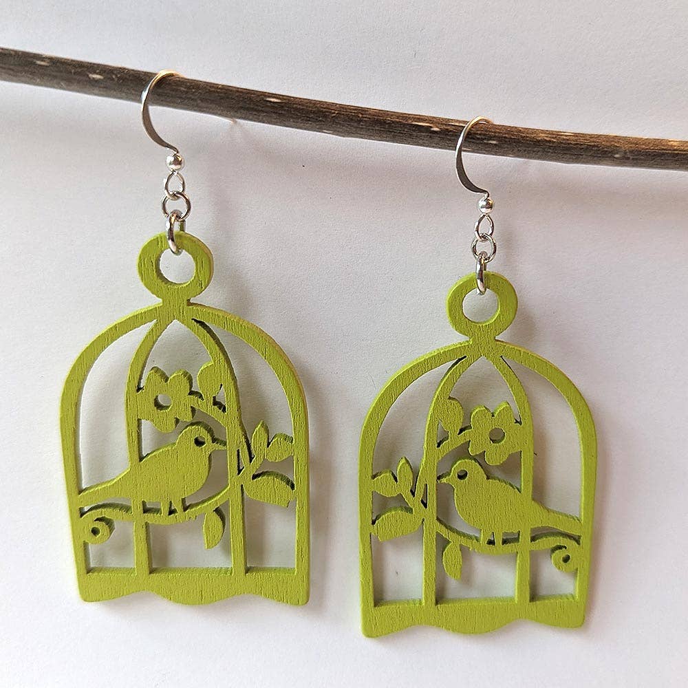 Large Lime Green Bird in Cage Laser Cut Wood Earrings