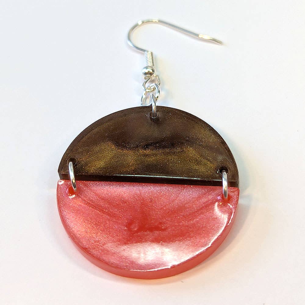 Brown and Pink Two Tone Half Semi Circle Resin Earrings
