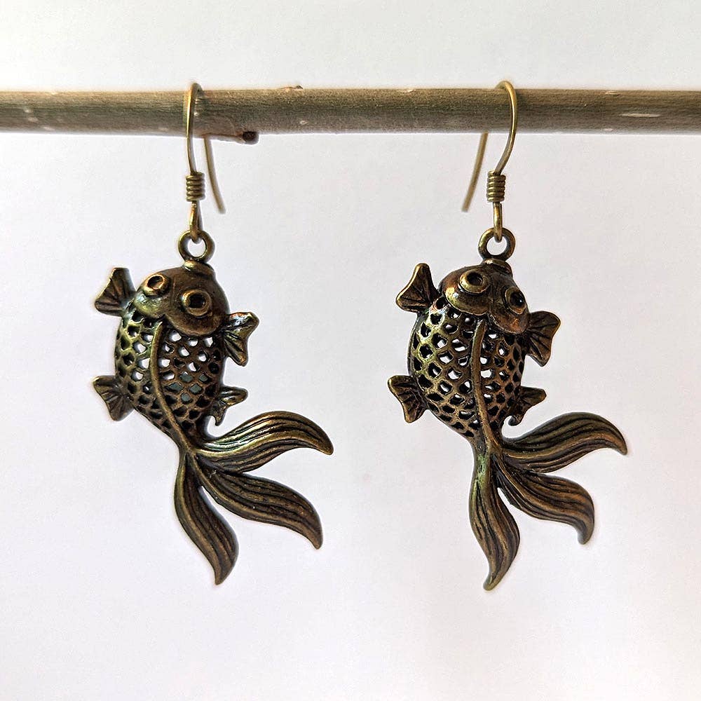Antique Bronze Double-Sided Goldfish Fish Earrings