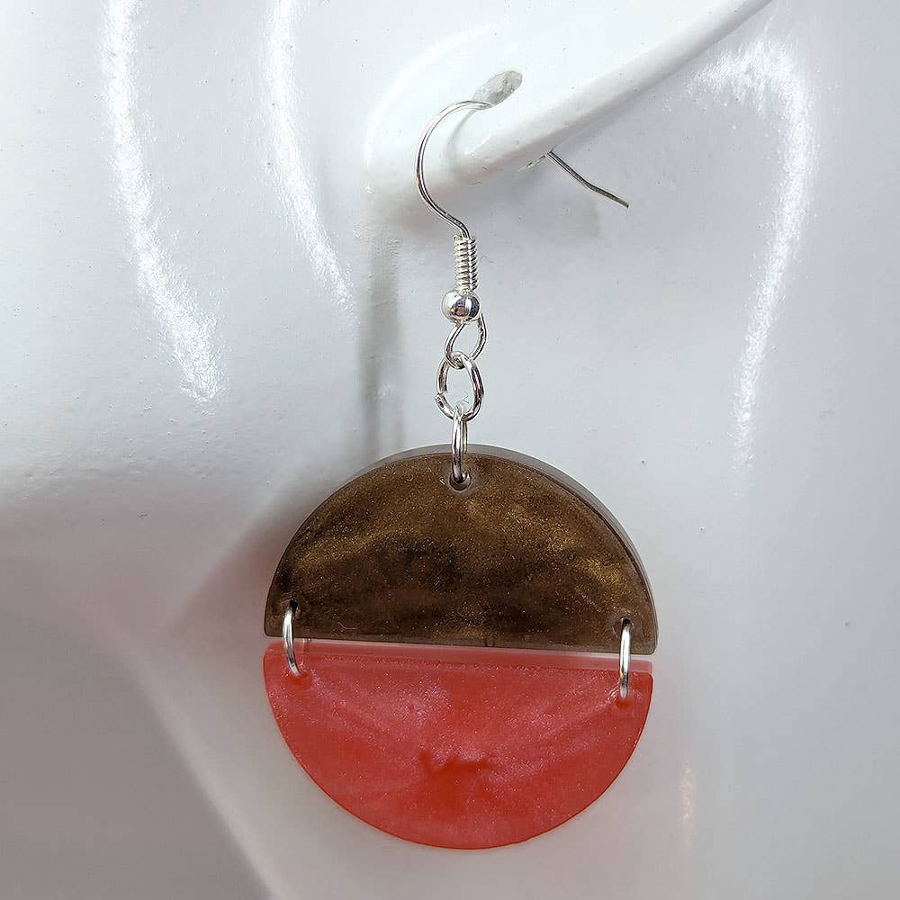 Brown and Pink Two Tone Half Semi Circle Resin Earrings