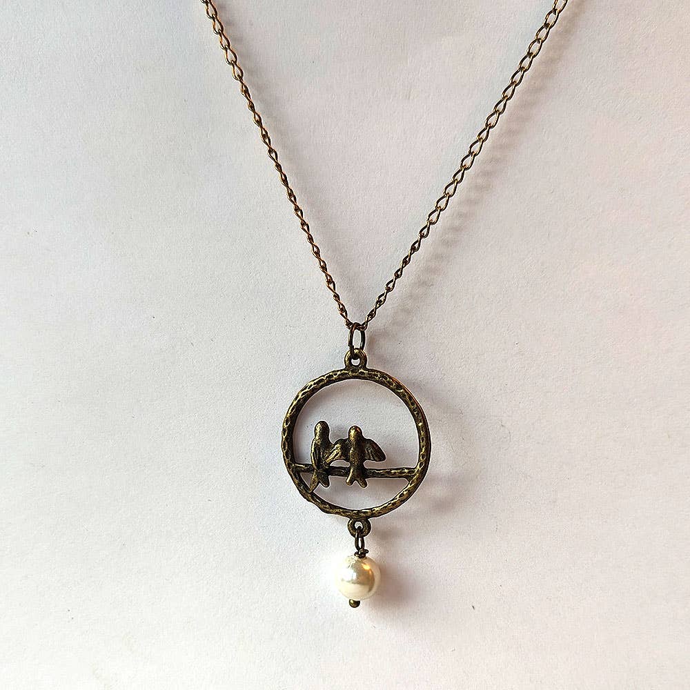 Antique Bronze Love Birds Branch Hoop With Pearl Necklace