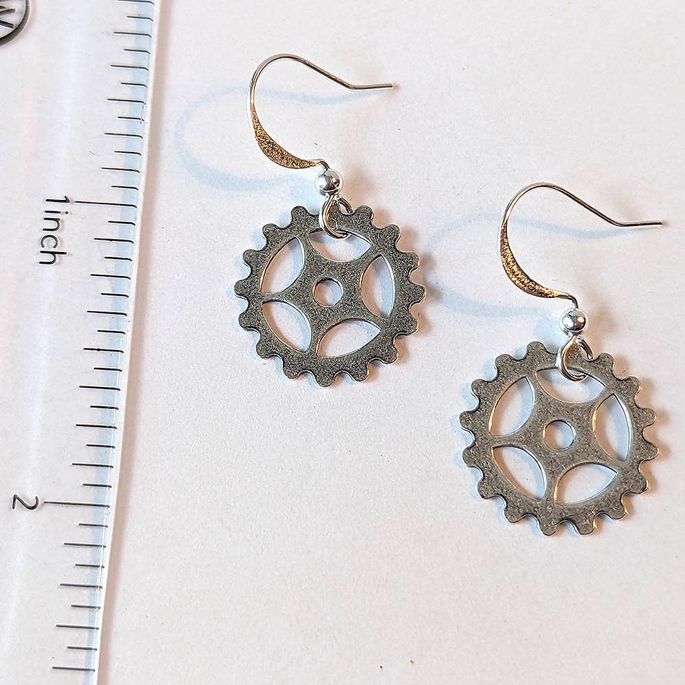 Small Steampunk Cog Earrings, Antique Silver