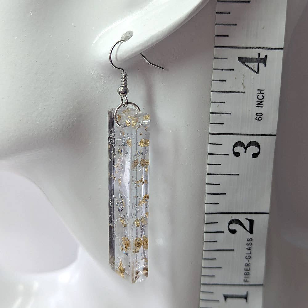 Silver Glitter Gold Leaf Mica Long Rectangle Resin Earrings