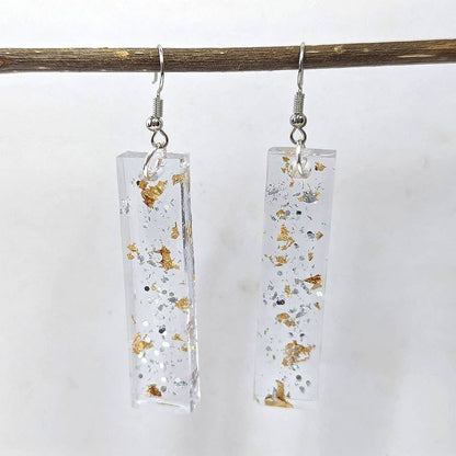 Silver Glitter Gold Leaf Mica Long Rectangle Resin Earrings