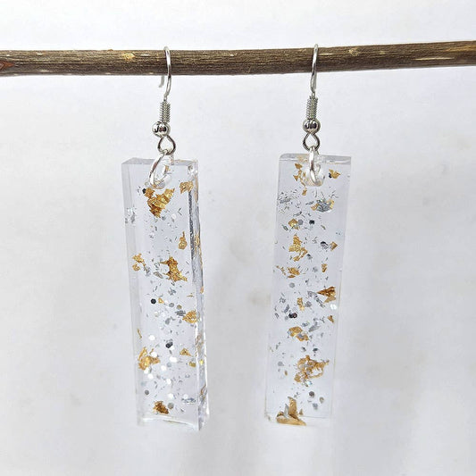 Silver Glitter Gold Leaf Mica Long Rectangle Resin Earrings