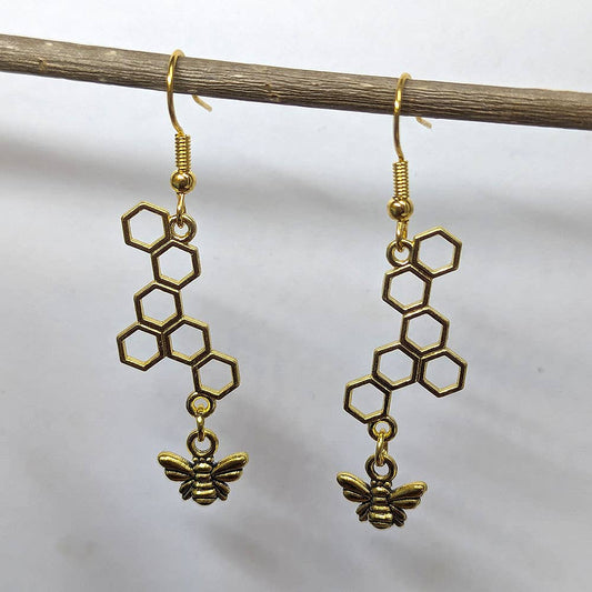 Antique Gold Bee With Hive Earrings