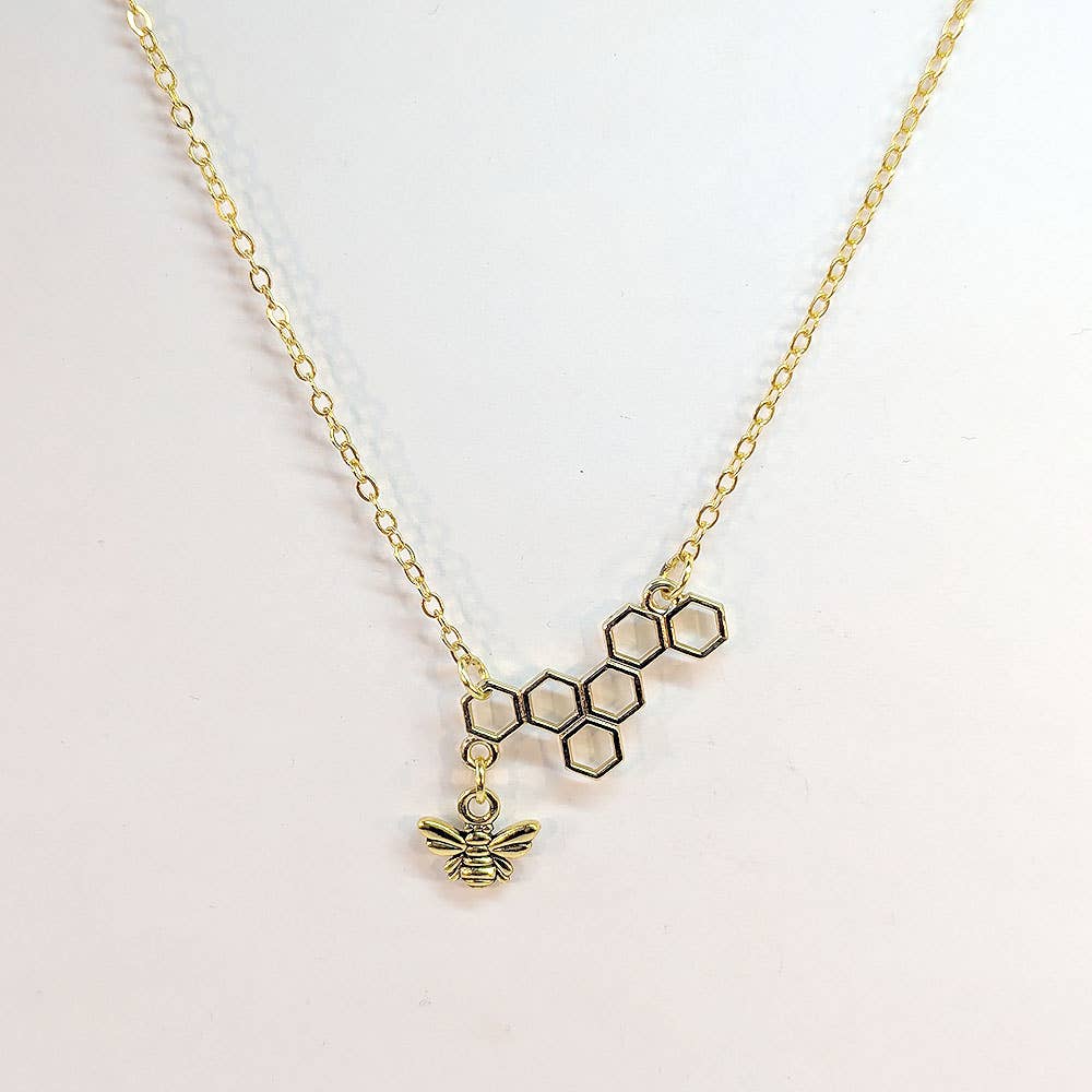 Small Bee with Hive Comb Antique Gold Necklace