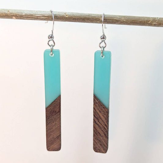 Slim Long Rectangle Silver Turquoise Blue Resin Wood Earrings