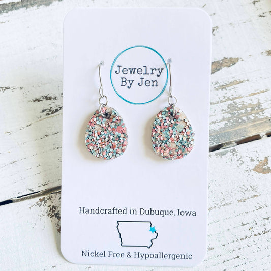 Easter Egg Earrings: Gray/Pink/Aqua/Mauve Glitter