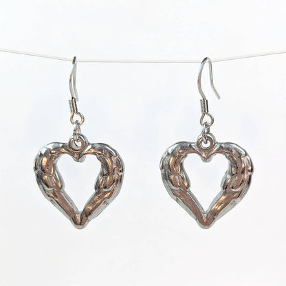 Stainless Steel Textured Chunky Heart Pendant Silver Earrings