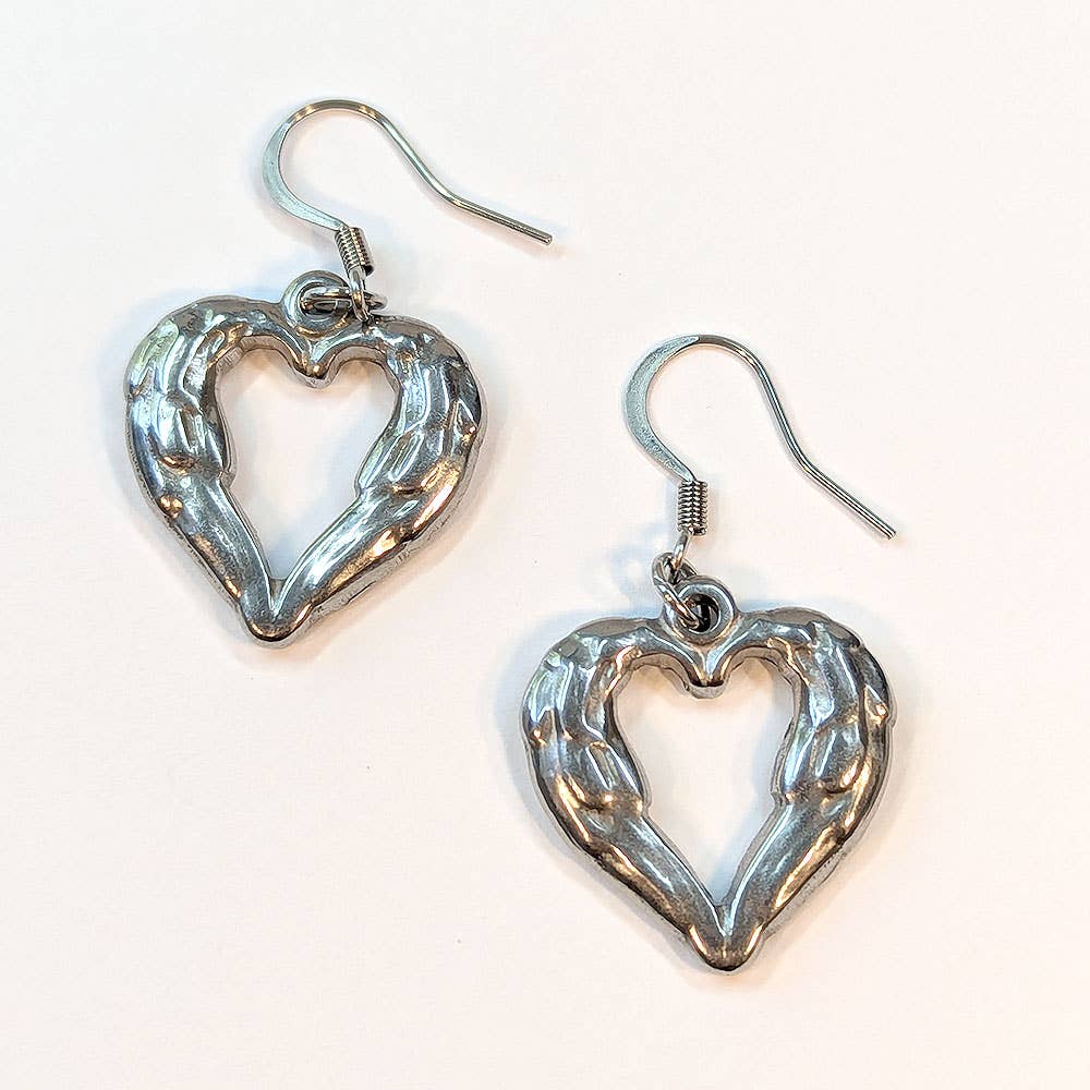 Stainless Steel Textured Chunky Heart Pendant Silver Earrings