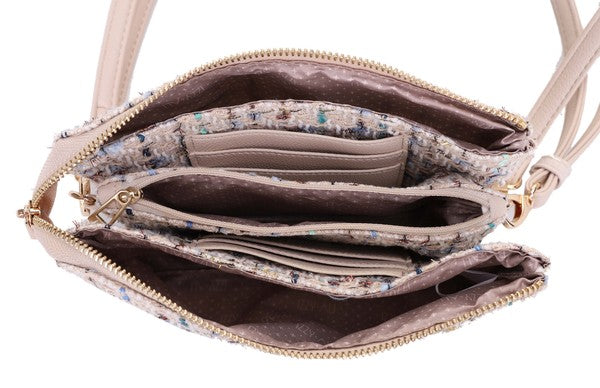 Tweed Three Compartment Crossbody Bag