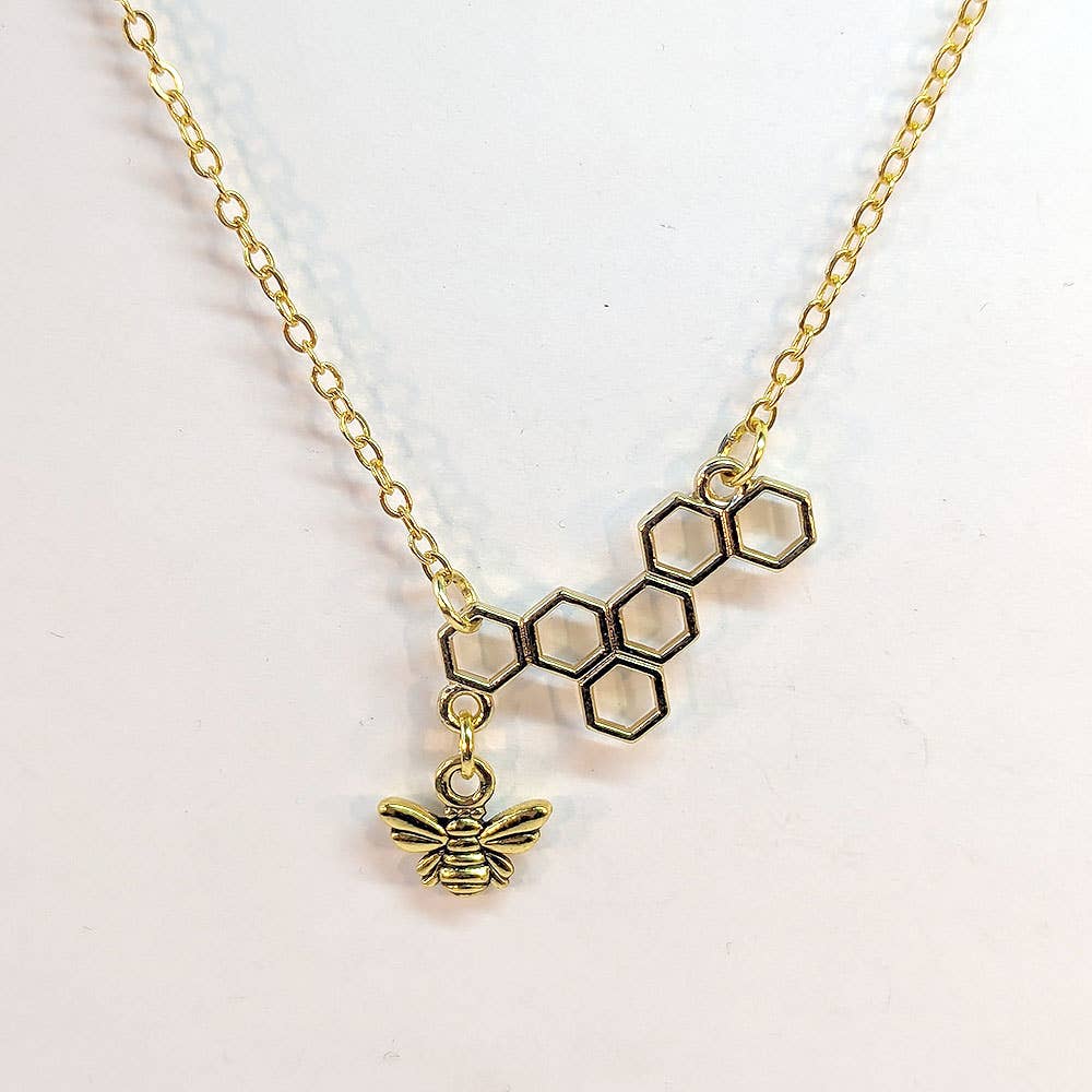 Small Bee with Hive Comb Antique Gold Necklace