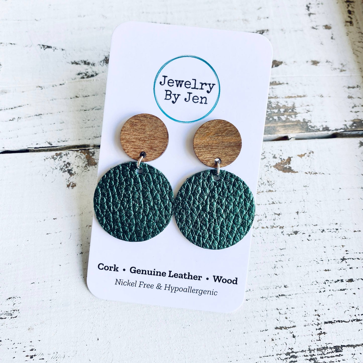 Wood Stud Earrings (Medium): Metallic Hunter Green