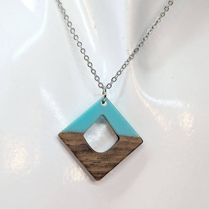 Turquoise Blue Resin Wood Hollow Diamond Shaped Necklace