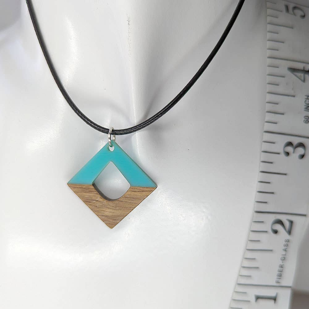 Turquoise Blue Resin Wood Hollow Diamond Shaped Necklace