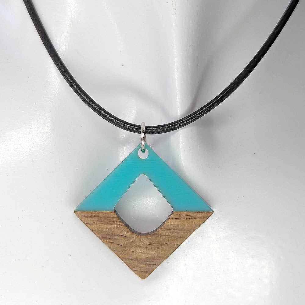 Turquoise Blue Resin Wood Hollow Diamond Shaped Necklace