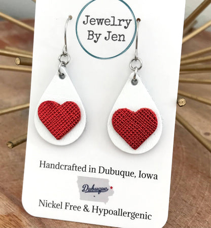 Small Teardrop Earrings: White w/Red Heart