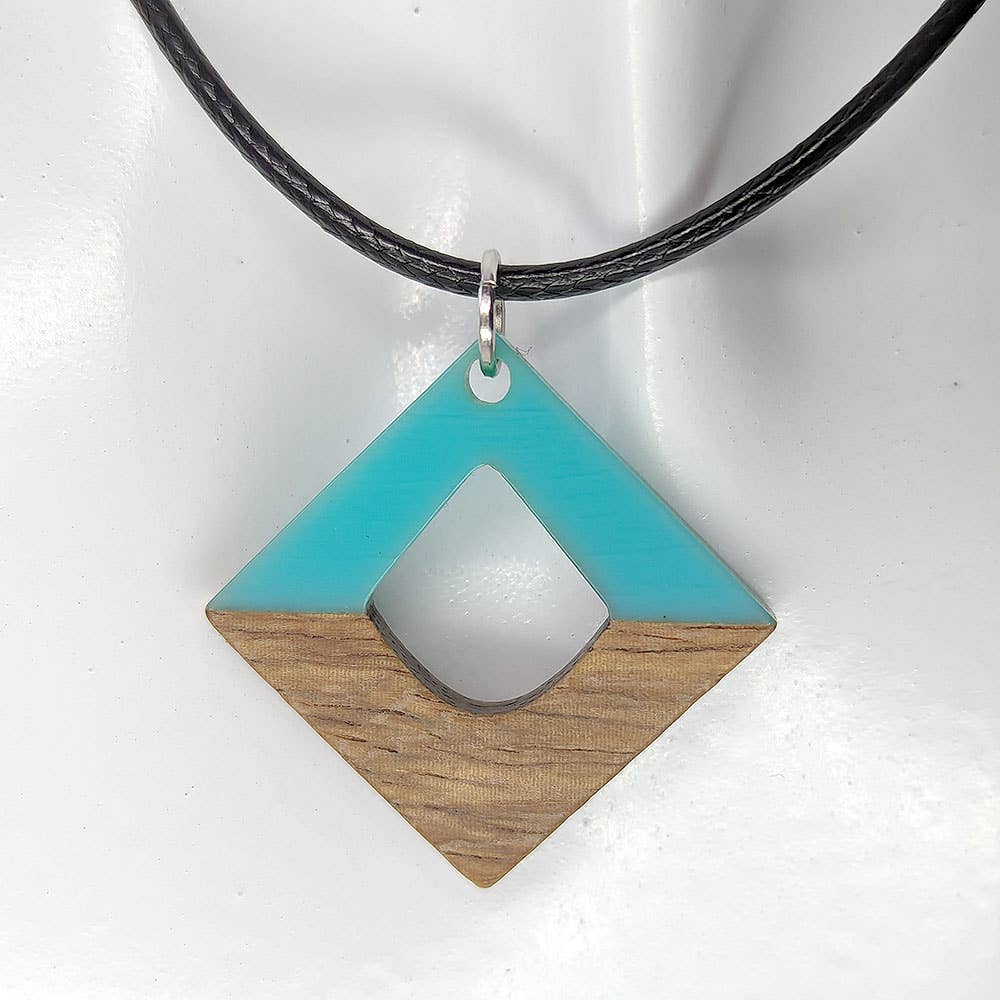 Turquoise Blue Resin Wood Hollow Diamond Shaped Necklace