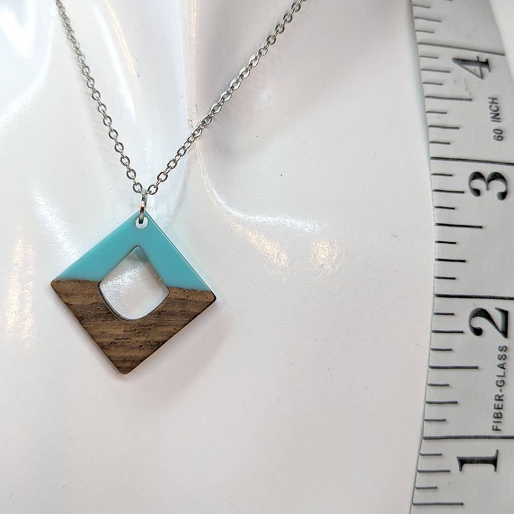 Turquoise Blue Resin Wood Hollow Diamond Shaped Necklace