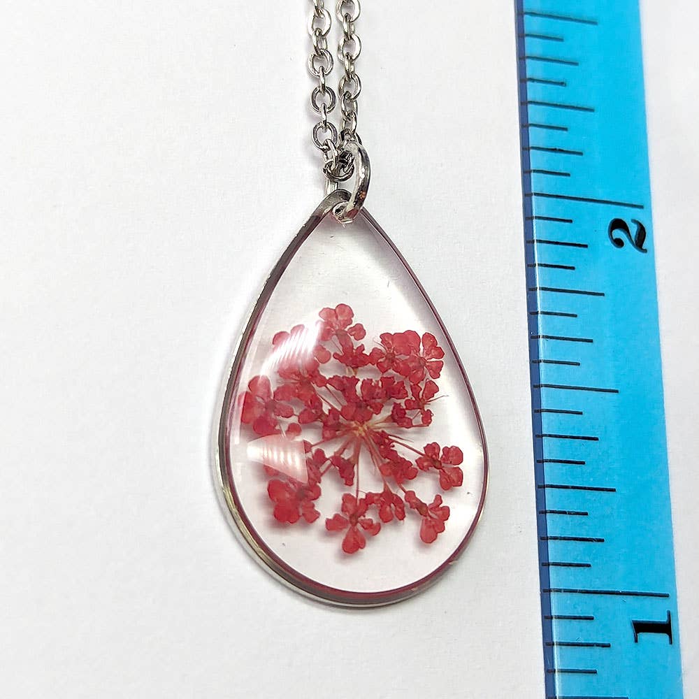 Teardrop Real Dried Red Flowers Resin Necklace Silver