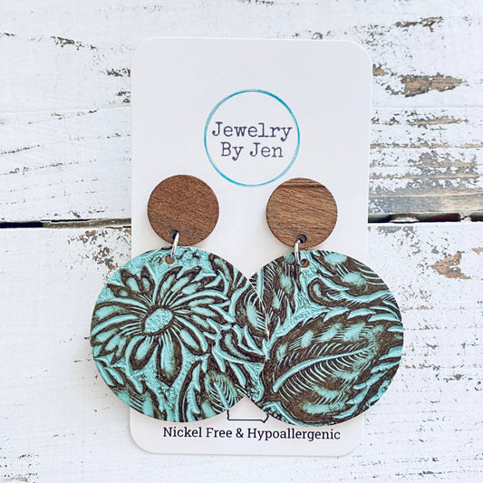 Wood Stud Earring: Turquoise & Brown Daisy