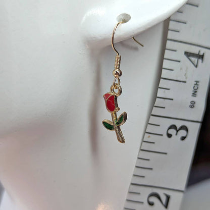 Red Long Stem Rose Flower Enamel Earrings Gold