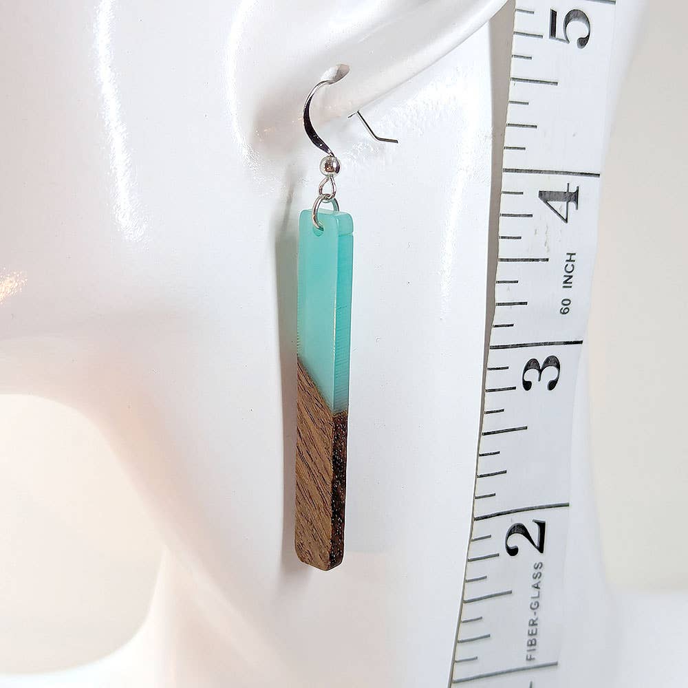 Slim Long Rectangle Silver Turquoise Blue Resin Wood Earrings