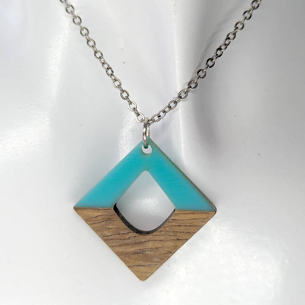 Turquoise Blue Resin Wood Hollow Diamond Shaped Necklace