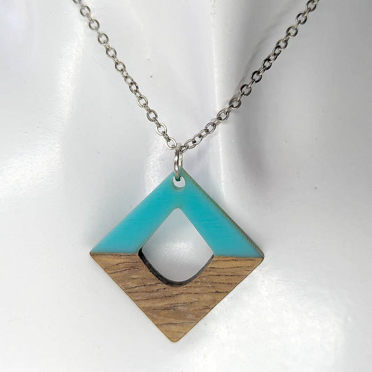 Turquoise Blue Resin Wood Hollow Diamond Shaped Necklace