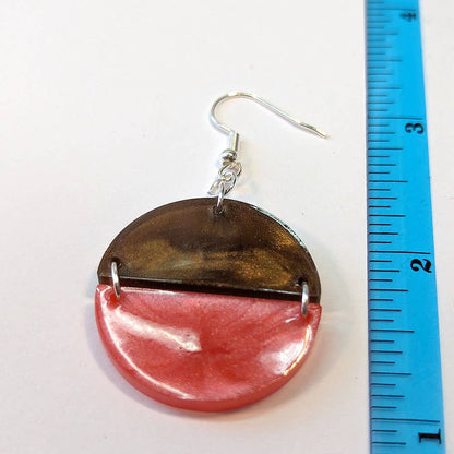 Brown and Pink Two Tone Half Semi Circle Resin Earrings