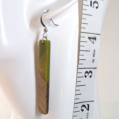 Slim Long Rectangle Silver Sage Green Resin Wood Earrings