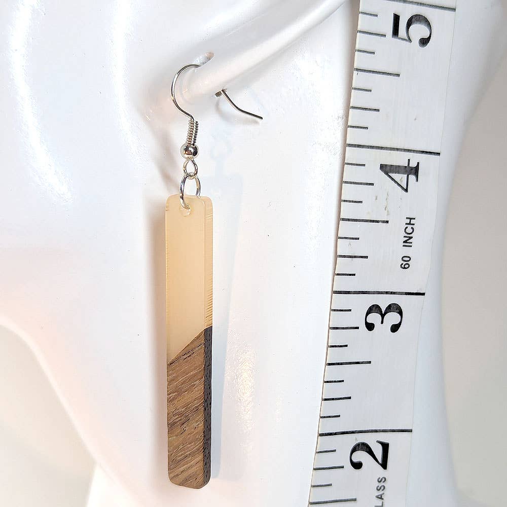 Slim Long Rectangle Silver Peach Resin Wood Earrings