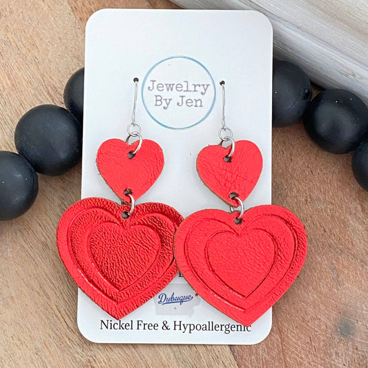 Embossed Double Heart Earrings: Metallic Red