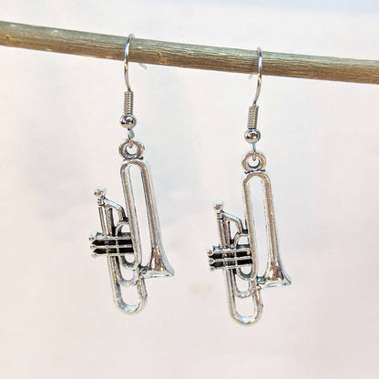 Trombone Musical Instrument Antique Silver Earrings