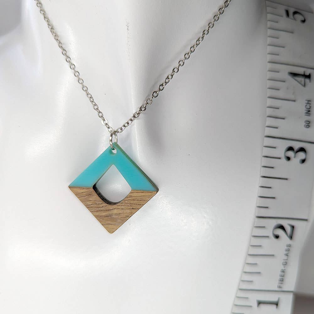 Turquoise Blue Resin Wood Hollow Diamond Shaped Necklace