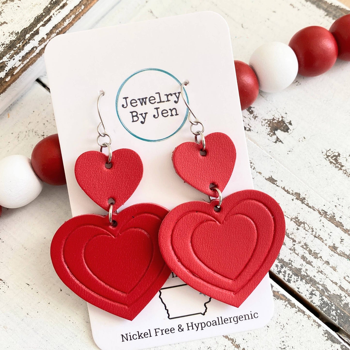 Embossed Double Heart Earrings: Fire Red