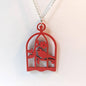 Large Red Bird in Cage Laser Cut Wood Pendant Necklace