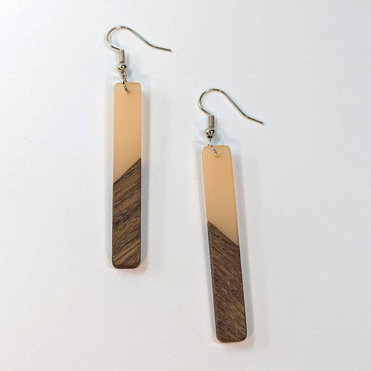 Slim Long Rectangle Silver Peach Resin Wood Earrings
