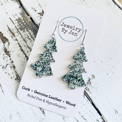 Christmas Tree Earrings: Green & Silver Glitter