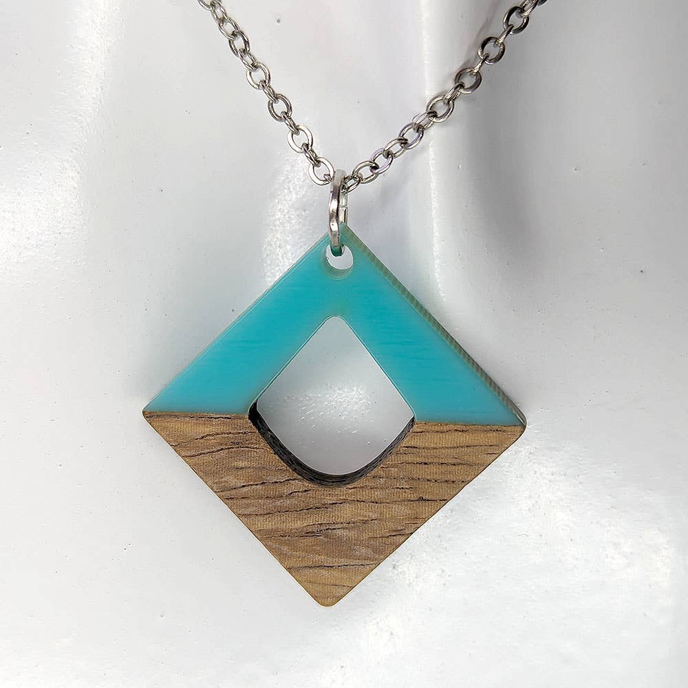 Turquoise Blue Resin Wood Hollow Diamond Shaped Necklace