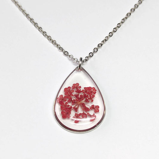 Teardrop Real Dried Red Flowers Resin Necklace Silver