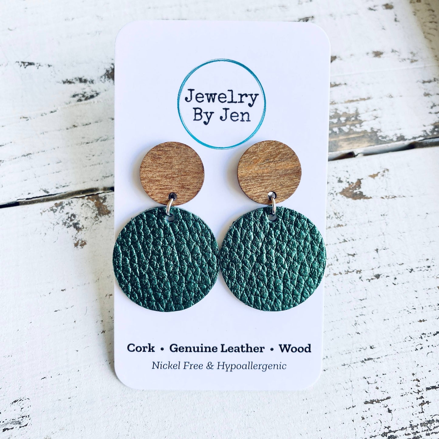 Wood Stud Earrings (Medium): Metallic Hunter Green