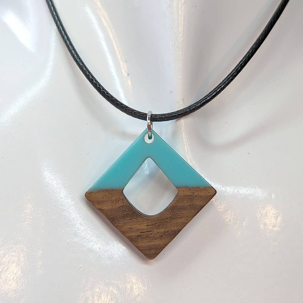 Turquoise Blue Resin Wood Hollow Diamond Shaped Necklace