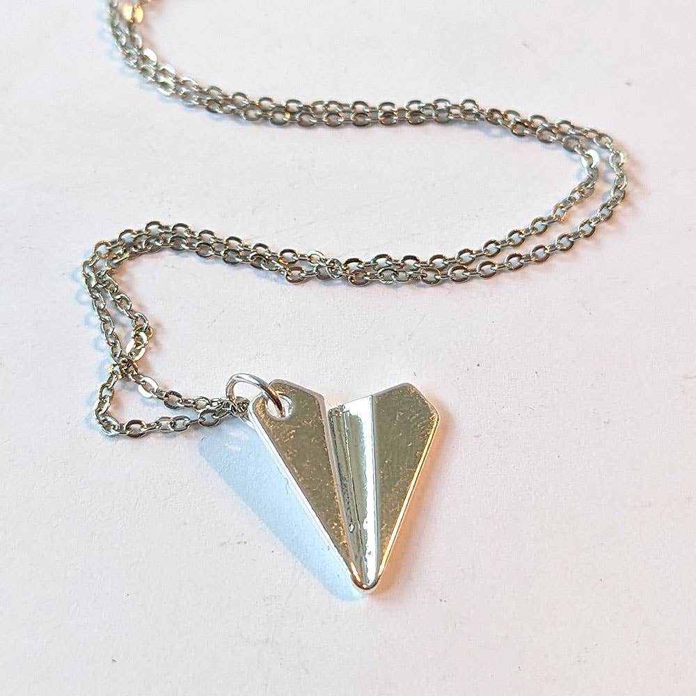 Origami Paper Airplane Necklace Silver