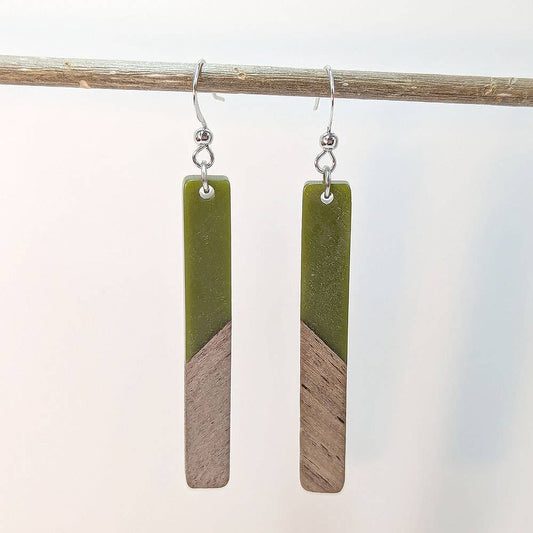 Slim Long Rectangle Silver Sage Green Resin Wood Earrings