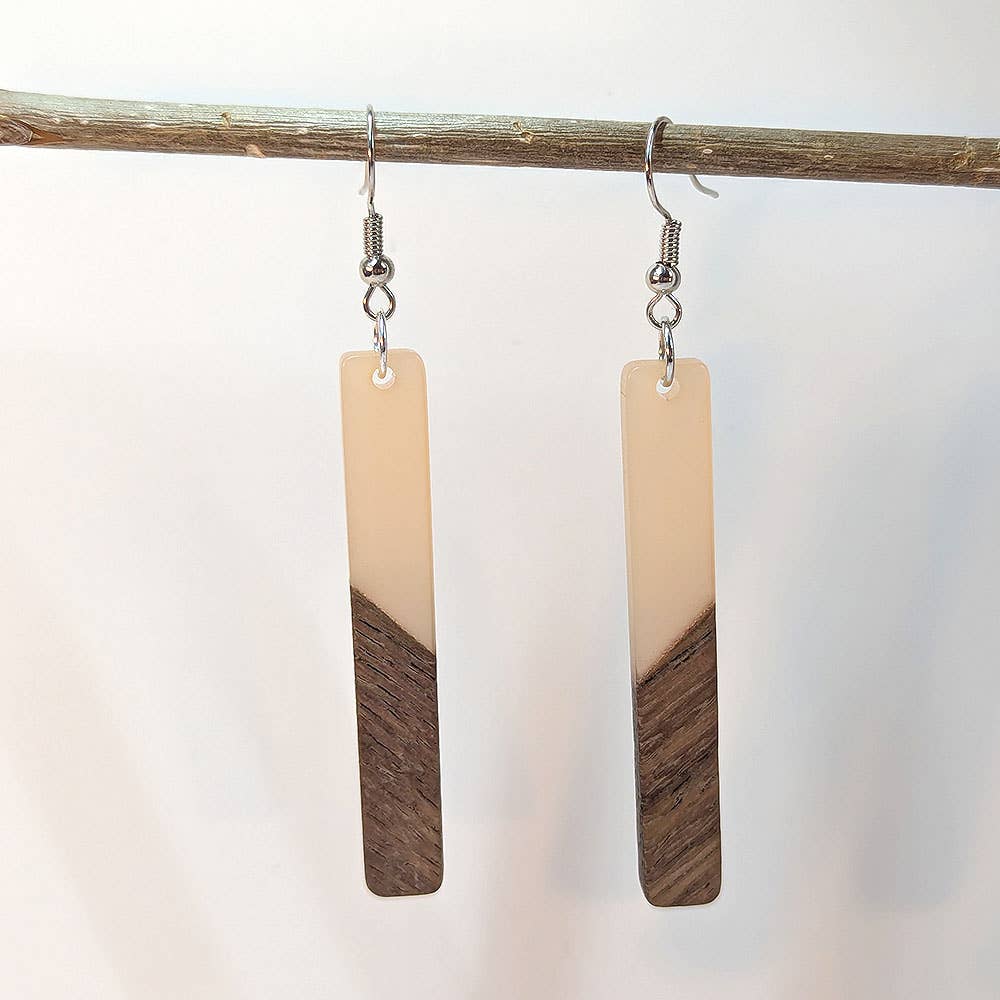 Slim Long Rectangle Silver Peach Resin Wood Earrings