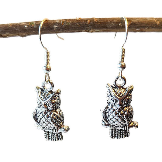 Antique Silver Small Owl on Branch Earrings